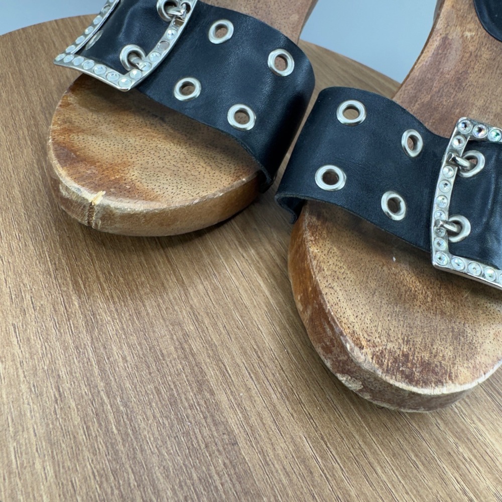 MIA Wooden Platform Clog Sandals 7 Black Bling Rhinestone Buckle Y2K Retro Heels - Picture 8 of 10